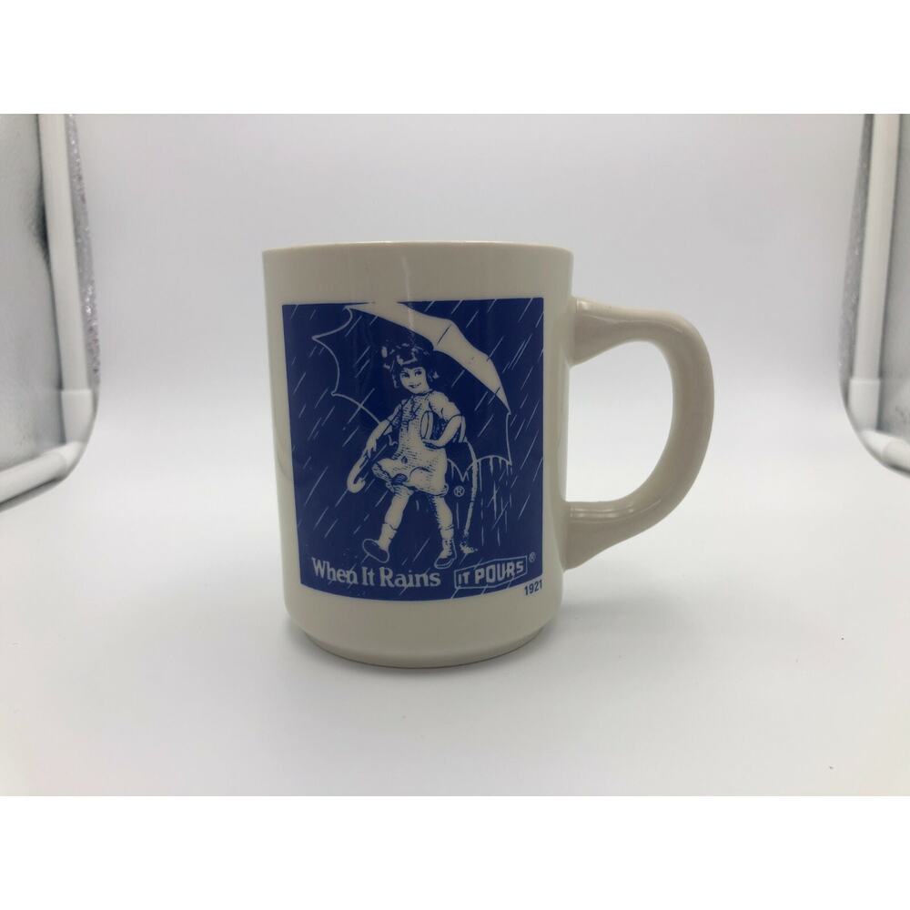Vintage 1921 Morton Salt Coffee Mug Cup Blue Yellow “When It Rains It Pours!”